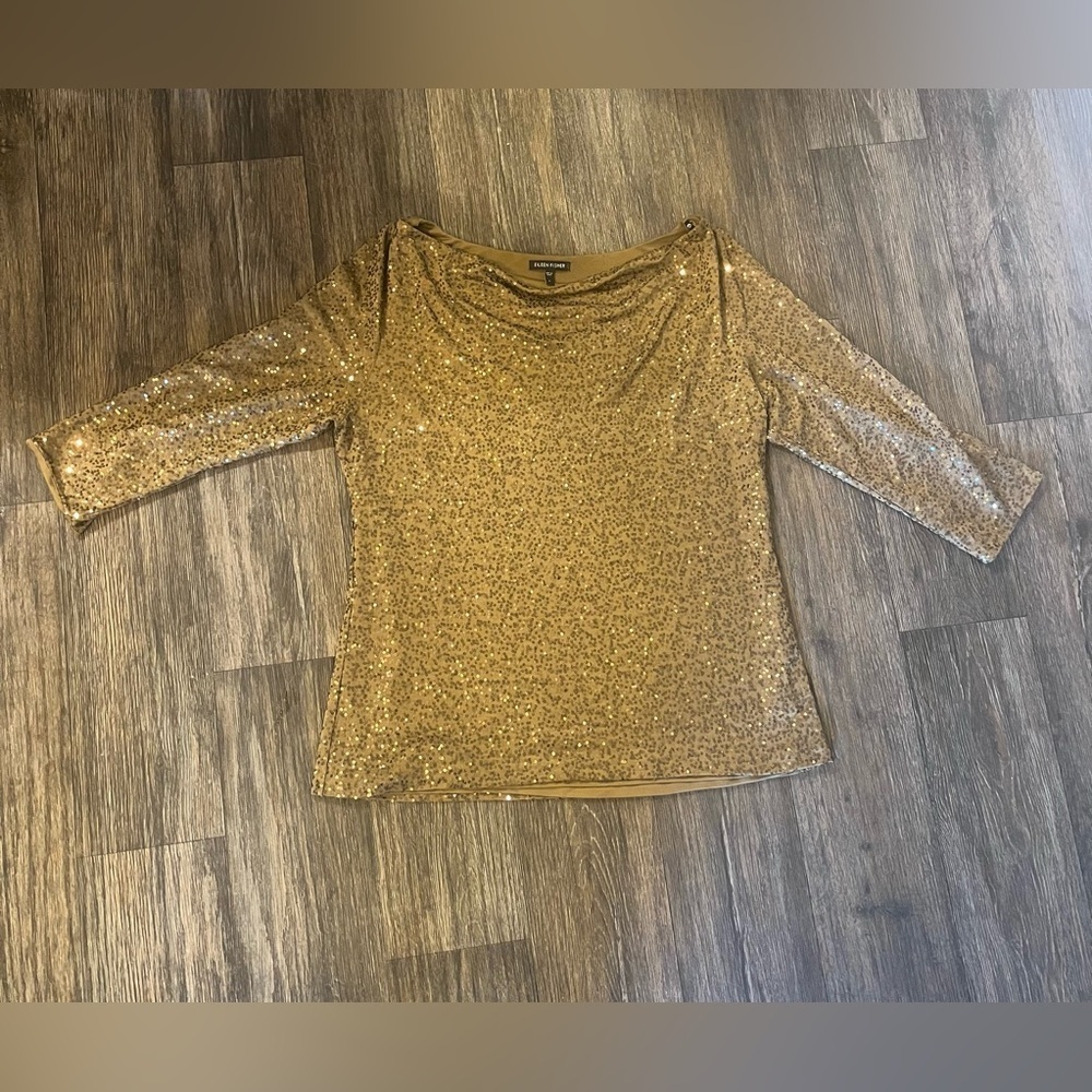 Eileen Fisher 100% Silk Sequin Cowl Neck 3/4 Sleeve Old Money Green/Gold Large - Picture 2 of 8